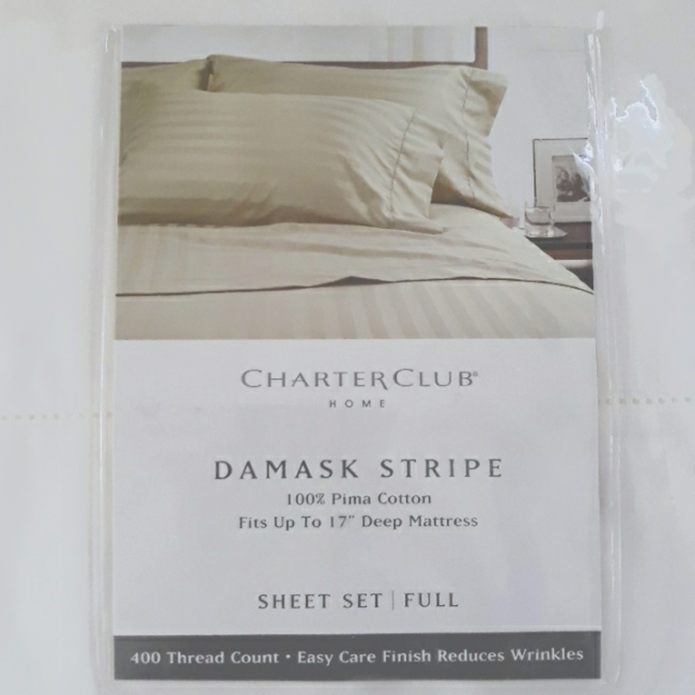 100% Pima Cotton Full-size White Damask Stripe Bedsheet Set by Charter Club